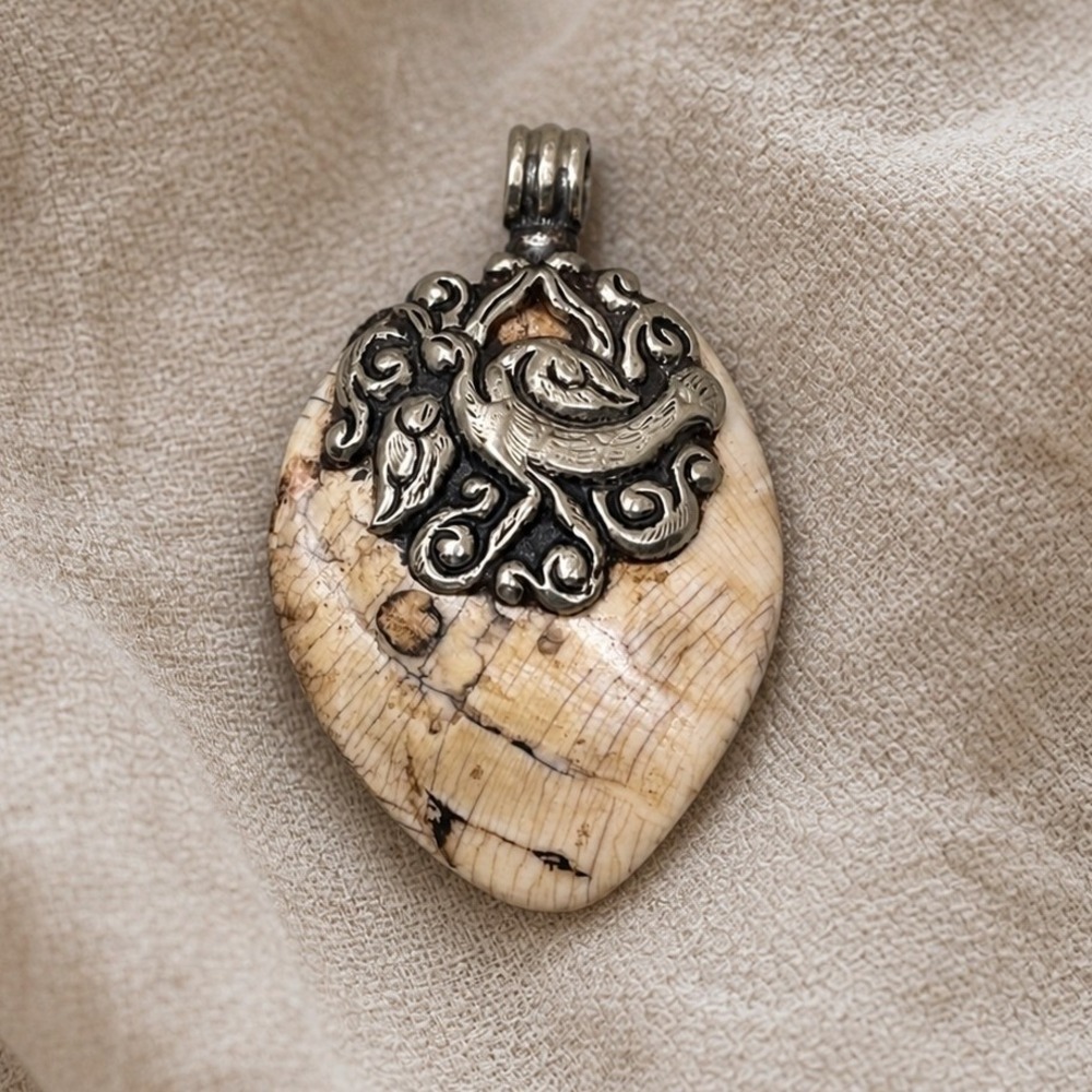 Artisan Mixed Metal Pendant Carved Shell Bone Teardrop Two‎ Tone Boho 2"